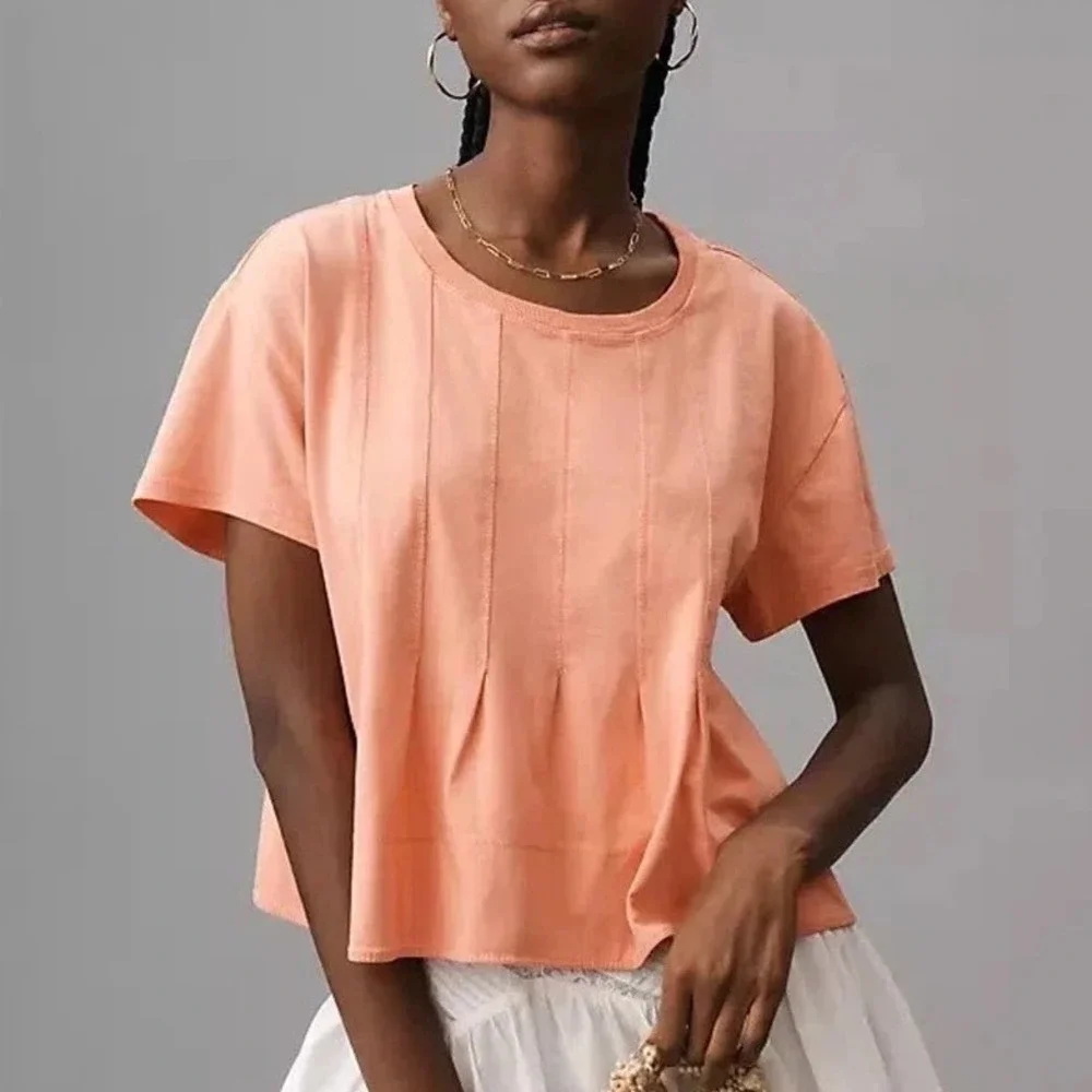 Pilcro Anthropologie Small Coral Pink Pintuck Pleated Cotton Knit Top preppy‎